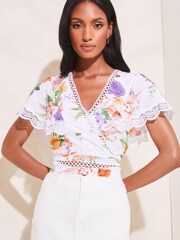 Lipsy White Petite Floral Lace Scallop Detail Wrap Top - Image 4 of 4