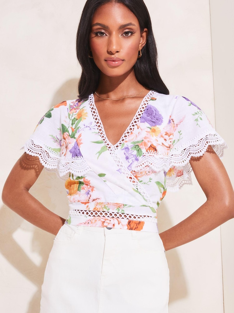 Lipsy White Petite Floral Lace Scallop Detail Wrap Top - Image 4 of 4