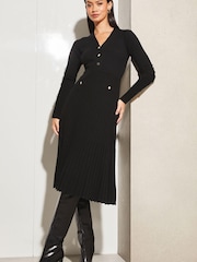Lipsy Black V Neck Button Fit And Flare Long Sleeve Knit Dress - Image 1 of 4