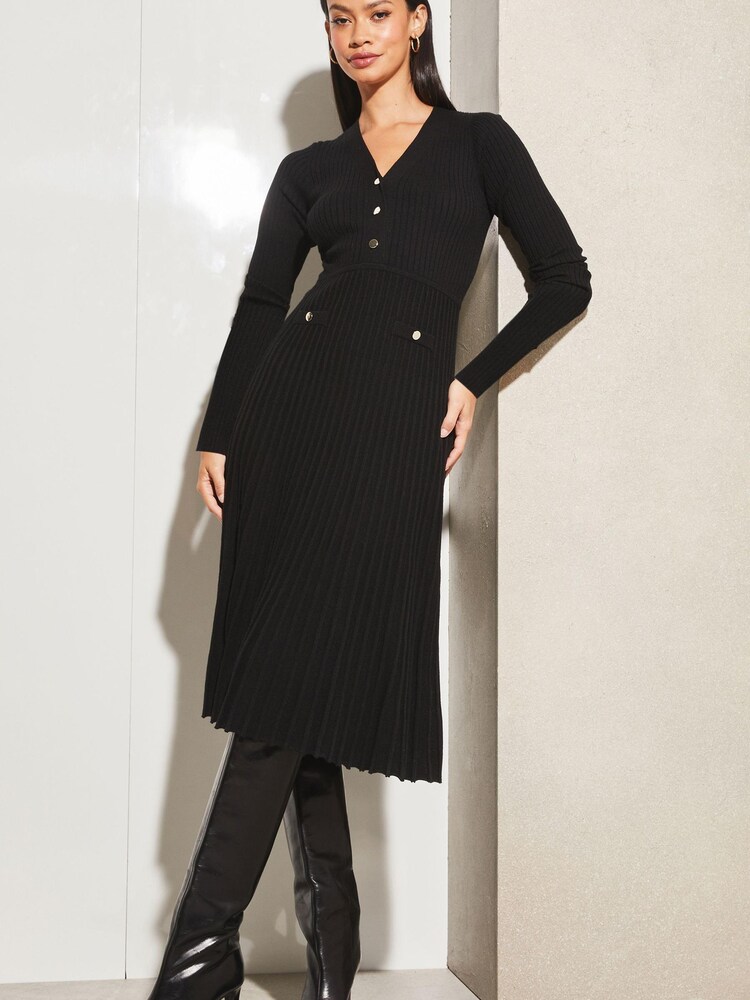 Lipsy Black V Neck Button Fit And Flare Long Sleeve Knit Dress - Image 1 of 4