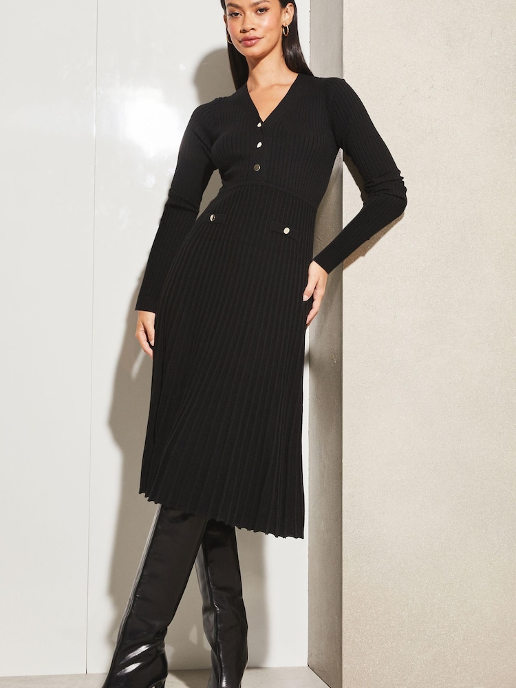 Lipsy Black V Neck Button Fit And Flare Long Sleeve Knit Dress - Image 1 of 4 Lipsy Black V Neck Button Fit And Flare Long Sleeve Knit Dress - Image 1 of 4