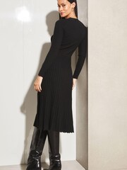 Lipsy Black V Neck Button Fit And Flare Long Sleeve Knit Dress - Image 2 of 4