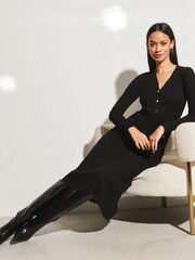 Lipsy Black V Neck Button Fit And Flare Long Sleeve Knit Dress - Image 3 of 4