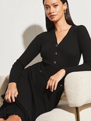 Lipsy Black V Neck Button Fit And Flare Long Sleeve Knit Dress - Image 4 of 4