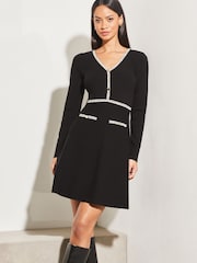 Lipsy Black Petite Boucle Trim Tipped Knitted V Neck Long Sleeve Fit and Flare Dress - Image 1 of 4