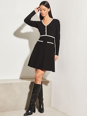 Lipsy Black Petite Boucle Trim Tipped Knitted V Neck Long Sleeve Fit and Flare Dress - Image 3 of 4
