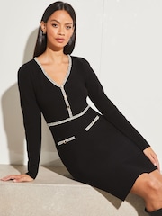 Lipsy Black Petite Boucle Trim Tipped Knitted V Neck Long Sleeve Fit and Flare Dress - Image 4 of 4