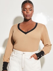Lipsy Camel Curve V Neck Tipped Long Sleeve Jumper - Image 1 of 4