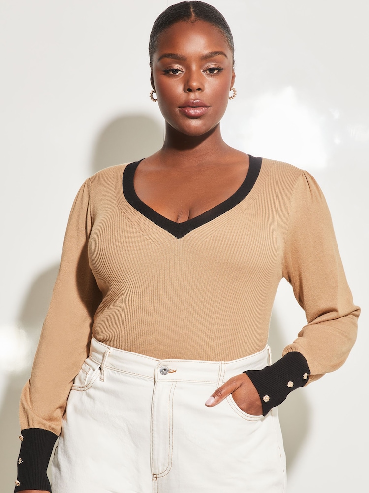 Lipsy Camel Curve V Neck Tipped Long Sleeve Jumper - Image 1 of 4