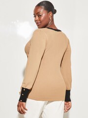 Lipsy Camel Curve V Neck Tipped Long Sleeve Jumper - Image 2 of 4