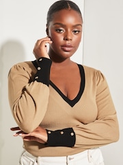 Lipsy Camel Curve V Neck Tipped Long Sleeve Jumper - Image 4 of 4