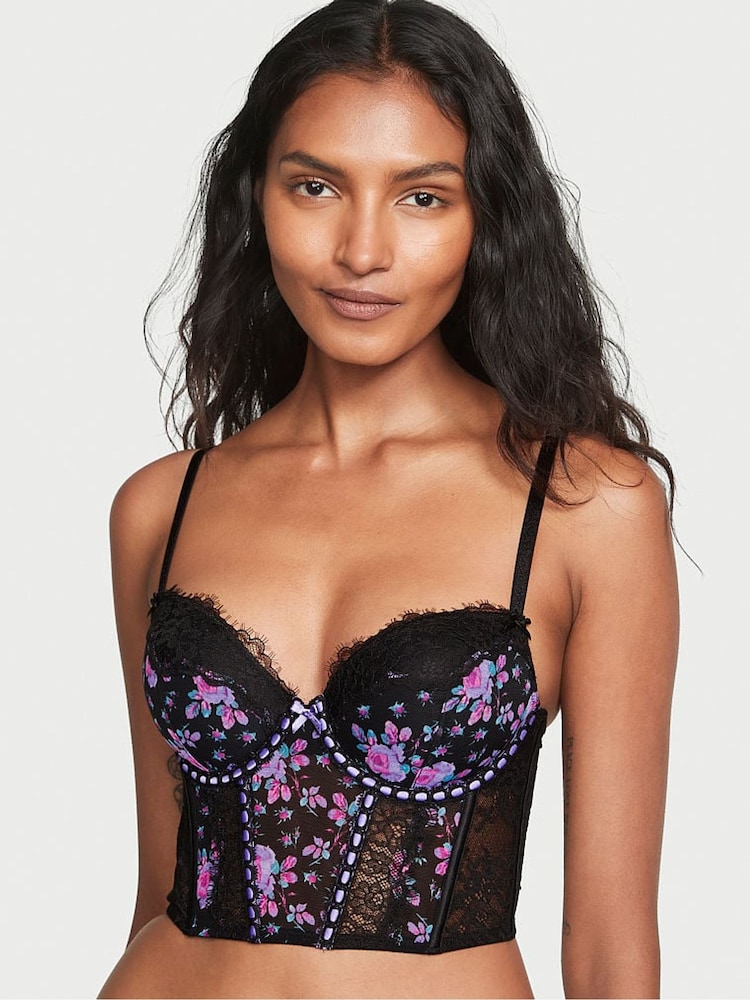 Victoria's Secret Black Floral Ribbon Slot Lace Corset Bra Top - Image 2 of 5