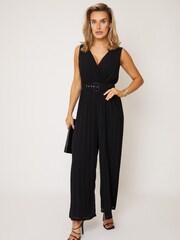 Girl In Mind Black Belted Pleated Sleeveless Jumpsuit - Image 1 of 5