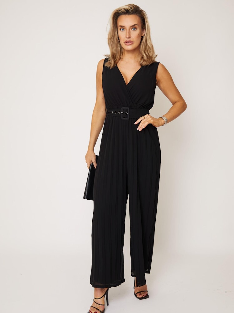 Girl In Mind Black Belted Pleated Sleeveless Jumpsuit - Image 1 of 5