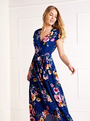 Mela Blue Multi Floral Wrap Over Dipped Hem Midi Dress - Image 1 of 4