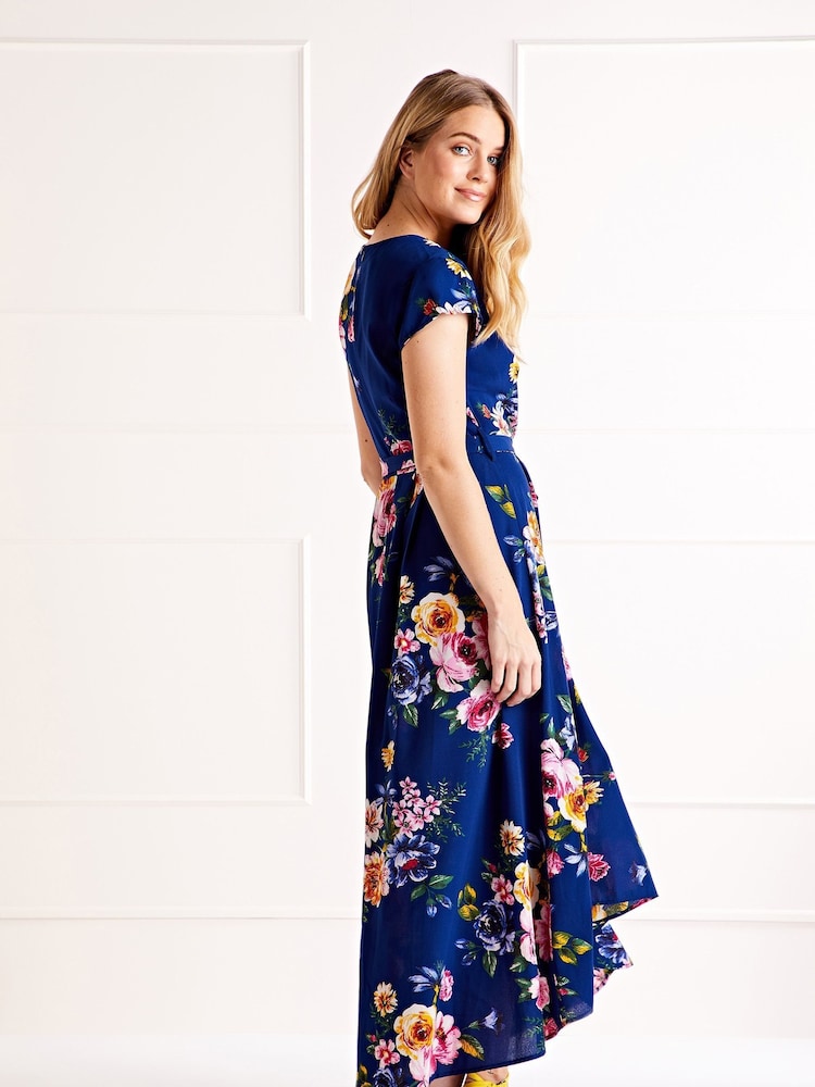 Mela Blue Multi Floral Wrap Over Dipped Hem Midi Dress - Image 2 of 4 Mela Blue Multi Floral Wrap Over Dipped Hem Midi Dress - Image 2 of 4