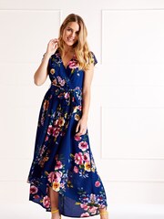 Mela Blue Multi Floral Wrap Over Dipped Hem Midi Dress - Image 3 of 4