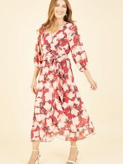 Yumi Red Multi Blossom Wrap Midi Dress With 3/4 Sleeves - Image 1 of 5