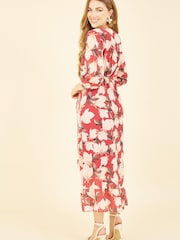 Yumi Red Multi Blossom Wrap Midi Dress With 3/4 Sleeves - Image 4 of 5