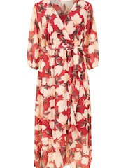 Yumi Red Multi Blossom Wrap Midi Dress With 3/4 Sleeves - Image 5 of 5
