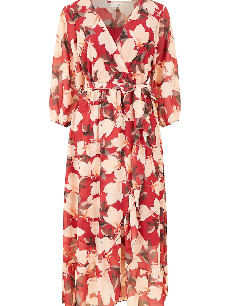 Yumi Red Multi Blossom Wrap Midi Dress With 3/4 Sleeves - Image 5 of 5