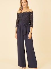 Yumi Navy Blue Lace Bardot 3/4 Sleeve Jumpsuit - Image 1 of 4