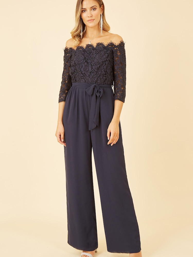 Yumi Navy Blue Lace Bardot 3/4 Sleeve Jumpsuit - Image 1 of 4