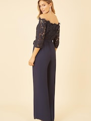 Yumi Navy Blue Lace Bardot 3/4 Sleeve Jumpsuit - Image 2 of 4