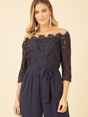 Yumi Navy Blue Lace Bardot 3/4 Sleeve Jumpsuit - Image 3 of 4