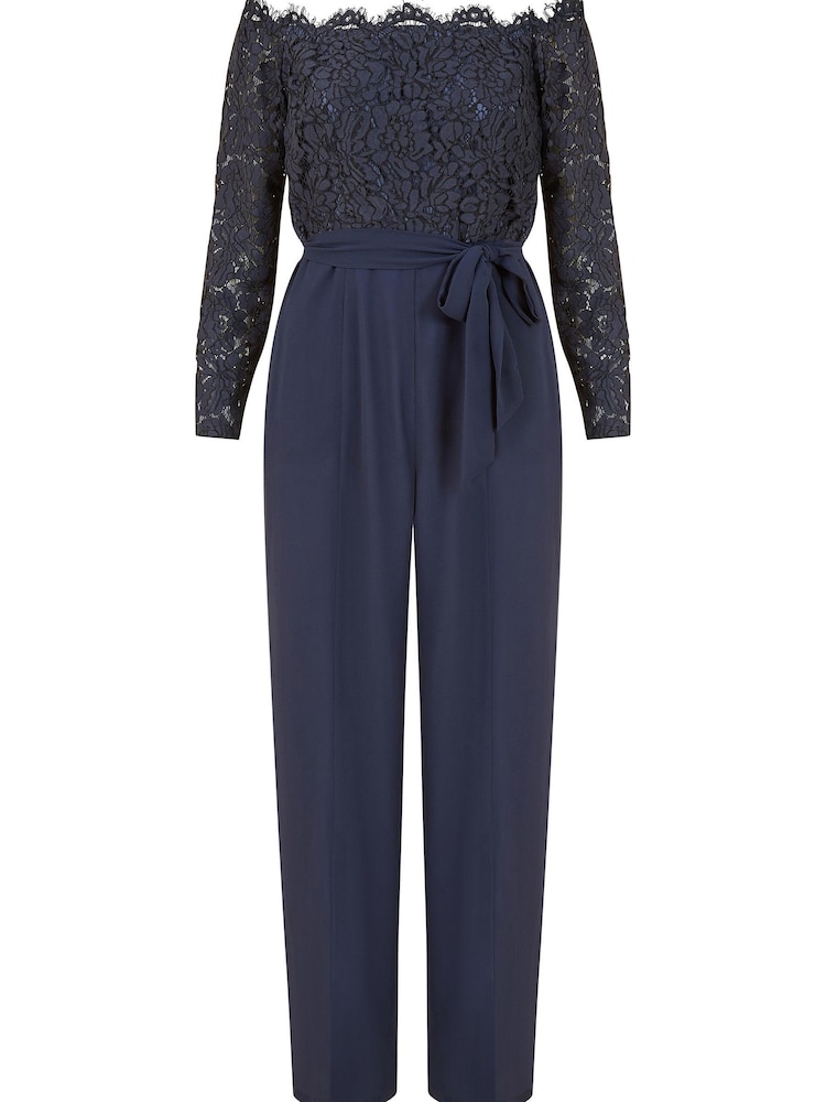 Yumi Navy Blue Lace Bardot 3/4 Sleeve Jumpsuit - Image 4 of 4