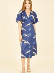 Yumi Blue Crane Print Kimono Midi Dress - Image 1 of 5