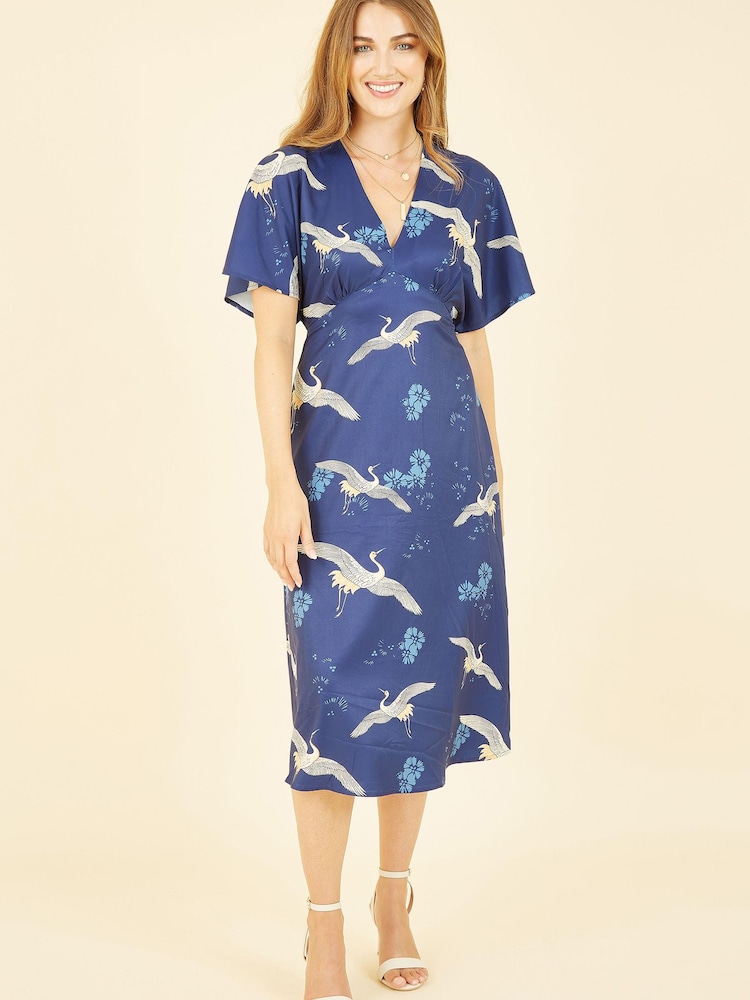 Yumi Blue Crane Print Kimono Midi Dress - Image 1 of 5 Yumi Blue Crane Print Kimono Midi Dress - Image 1 of 5