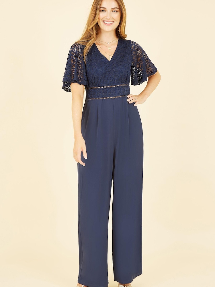 Yumi Navy Blue Lace Bodice Jumpsuit With Kimono Sleeve - Image 1 of 4