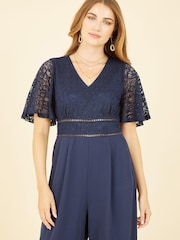 Yumi Navy Blue Lace Bodice Jumpsuit With Kimono Sleeve - Image 3 of 4