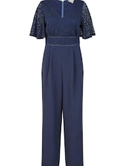 Yumi Navy Blue Lace Bodice Jumpsuit With Kimono Sleeve - Image 4 of 4