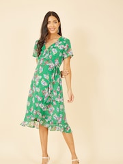 Yumi Green Multi Floral Frill Wrap Midi Dress - Image 1 of 5