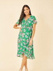 Yumi Green Multi Floral Frill Wrap Midi Dress - Image 2 of 5