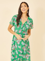 Yumi Green Multi Floral Frill Wrap Midi Dress - Image 3 of 5