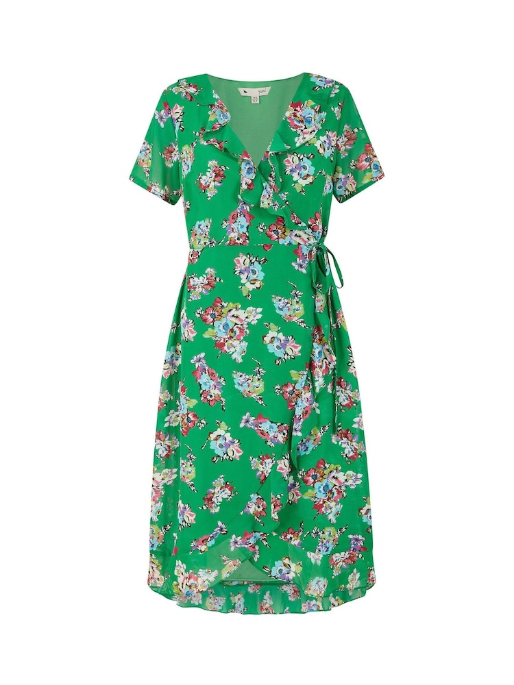 Yumi Green Multi Floral Frill Wrap Midi Dress - Image 5 of 5