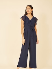 Yumi Navy Blue Wrap Jumpsuit With Ruffle Sleeves - Image 1 of 5