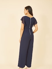 Yumi Navy Blue Wrap Jumpsuit With Ruffle Sleeves - Image 2 of 5