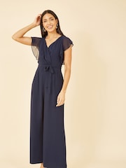 Yumi Navy Blue Wrap Jumpsuit With Ruffle Sleeves - Image 3 of 5