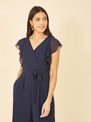 Yumi Navy Blue Wrap Jumpsuit With Ruffle Sleeves - Image 4 of 5
