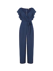 Yumi Navy Blue Wrap Jumpsuit With Ruffle Sleeves - Image 5 of 5
