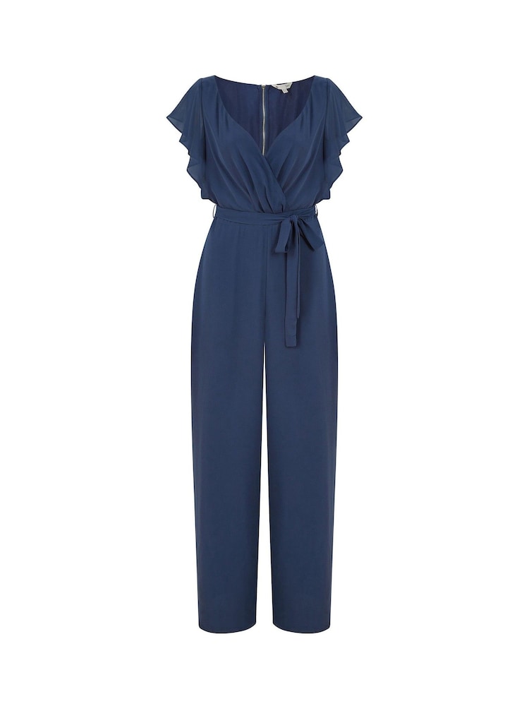 Yumi Navy Blue Wrap Jumpsuit With Ruffle Sleeves - Image 5 of 5