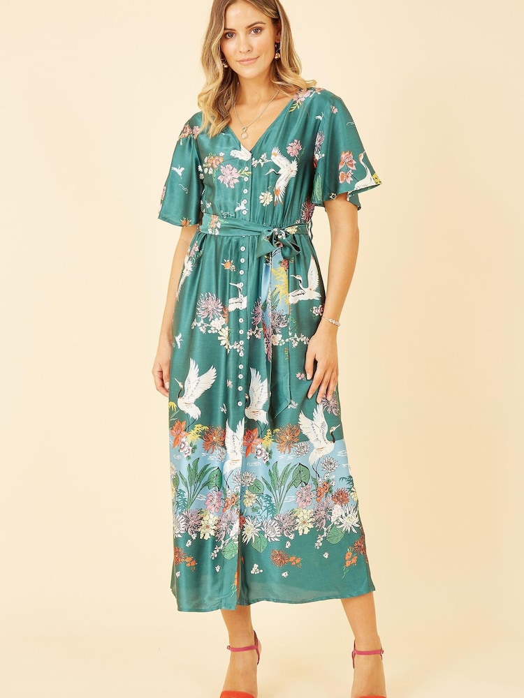 Yumi Green Multi Satin Crane Print Border Shirt Dress - Image 1 of 5
