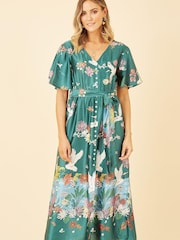 Yumi Green Multi Satin Crane Print Border Shirt Dress - Image 2 of 5