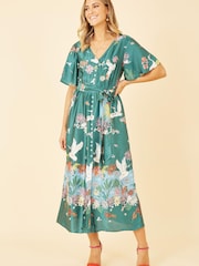 Yumi Green Multi Satin Crane Print Border Shirt Dress - Image 3 of 5