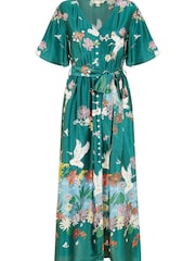 Yumi Green Multi Satin Crane Print Border Shirt Dress - Image 5 of 5