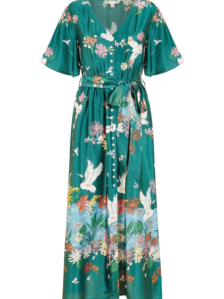 Yumi Green Multi Satin Crane Print Border Shirt Dress - Image 5 of 5